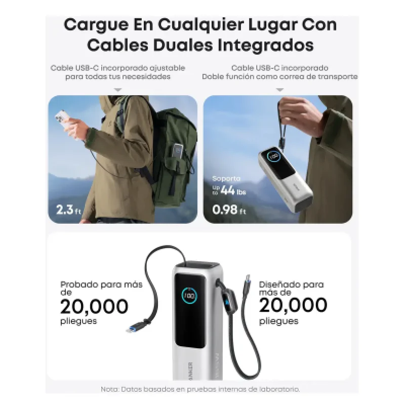 Power Bank Anker 25000mAh 165W Carga Rápida Cable USB-C Integrado