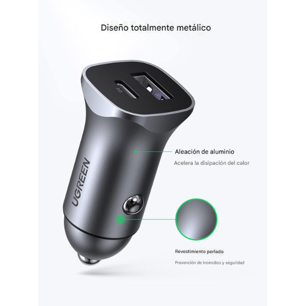 Cargador de Auto UGREEN 30W Dual USB-A + USB-C